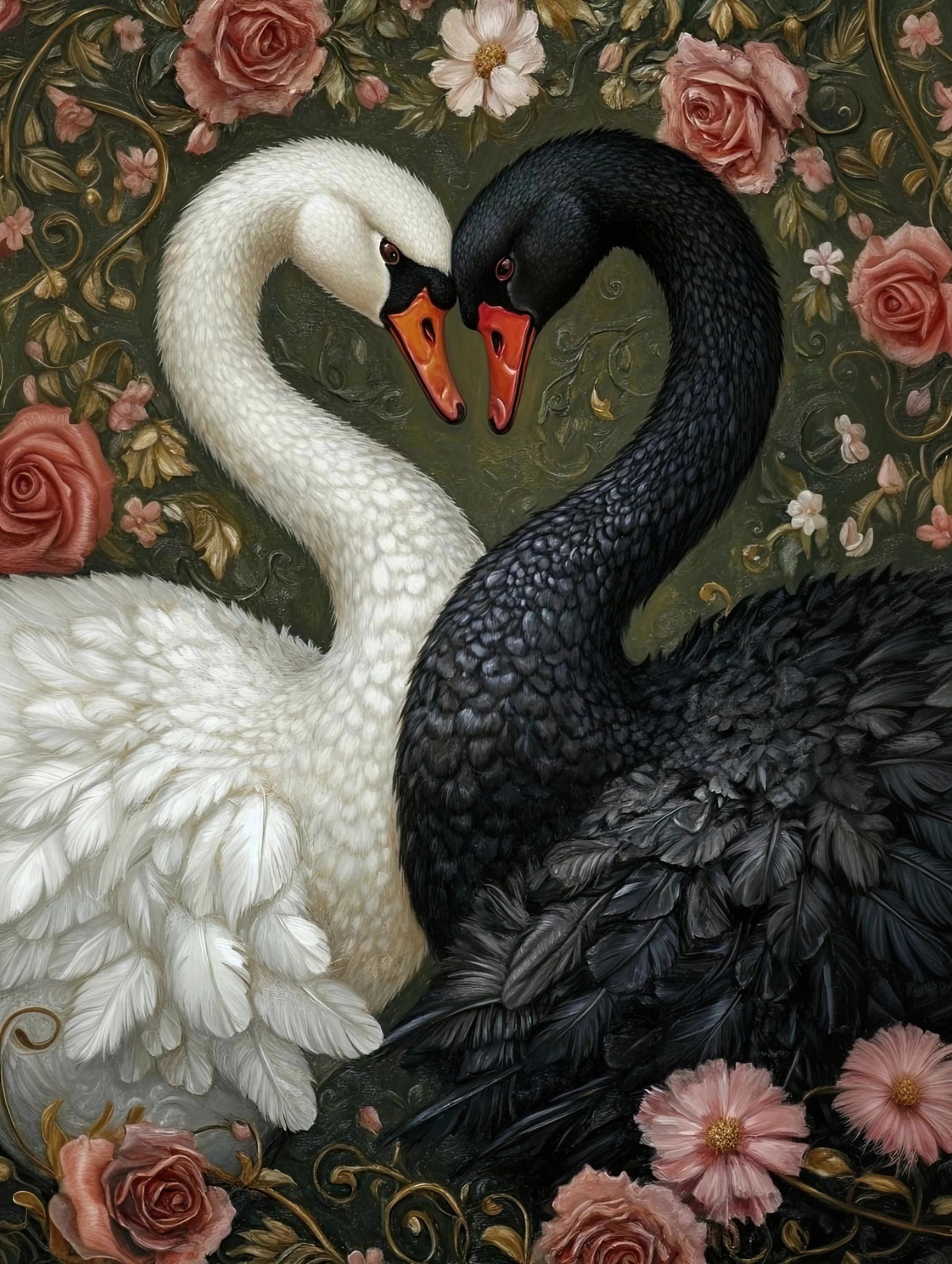 Kunstwerk van twee zwanen tegenover elkaar met romantische bloemen en rijke texturen
