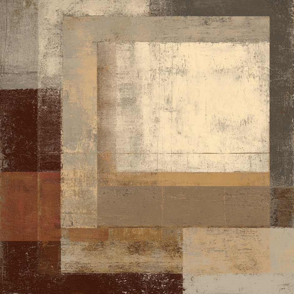 Volledige weergave van abstract schilderij Terranova met gelaagde rechthoeken in aardse kleuren
