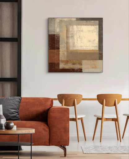 Abstract schilderij Terranova met warme aardetinten boven bruine bank in modern interieur

