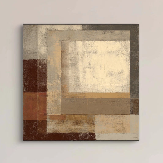 Detail van schilderij Terranova met geometrische vormen in bruin, beige en terracotta
