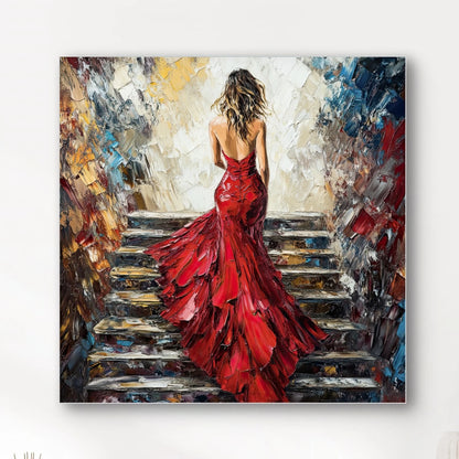 Volledige weergave van The Red Staircase, expressief schilderij van vrouw in rode jurk op een trap
