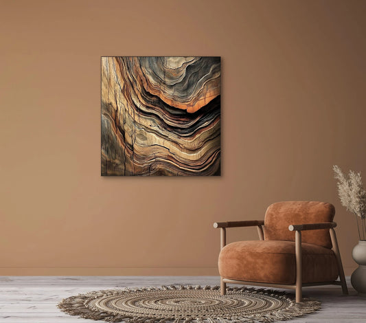 Wandkunst met abstracte aardlagen in bruine, koper- en grijstinten in een warm interieur met terracotta stoel
