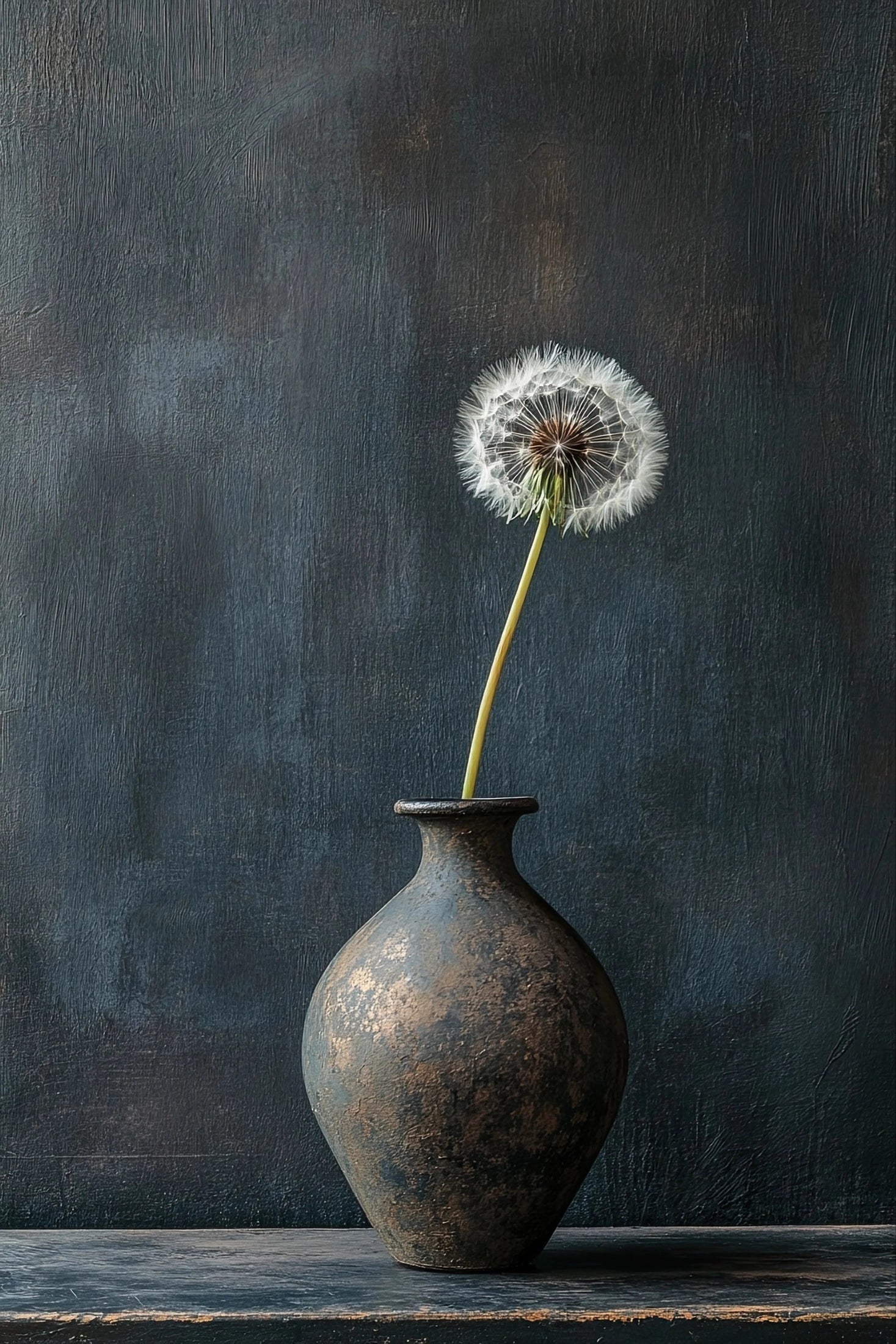 Volledige weergave van het kunstwerk “Tijd in Eén Adem” met paardenbloempluis in vaas tegen een diepblauwe achtergrond
