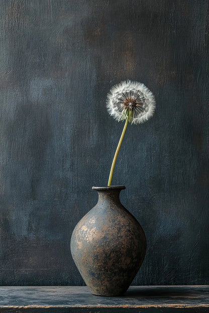 Volledige weergave van het kunstwerk “Tijd in Eén Adem” met paardenbloempluis in vaas tegen een diepblauwe achtergrond
