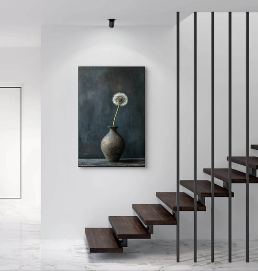 Kunstwerk “Tijd in Eén Adem” aan de muur bij een moderne trap met marmeren vloer en minimalistische belichting
