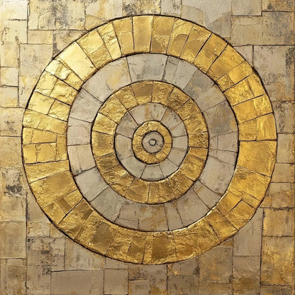 Abstract wandkunstwerk met goudkleurige concentrische cirkels en een robuuste stenen uitstraling
