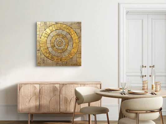 Vierkant kunstwerk met gouden cirkels in reliëf boven lichte houten kast in elegante eetkamer
