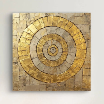Detail van gouden, cirkelvormige texturen en stenen structuur in glanzend reliëf

