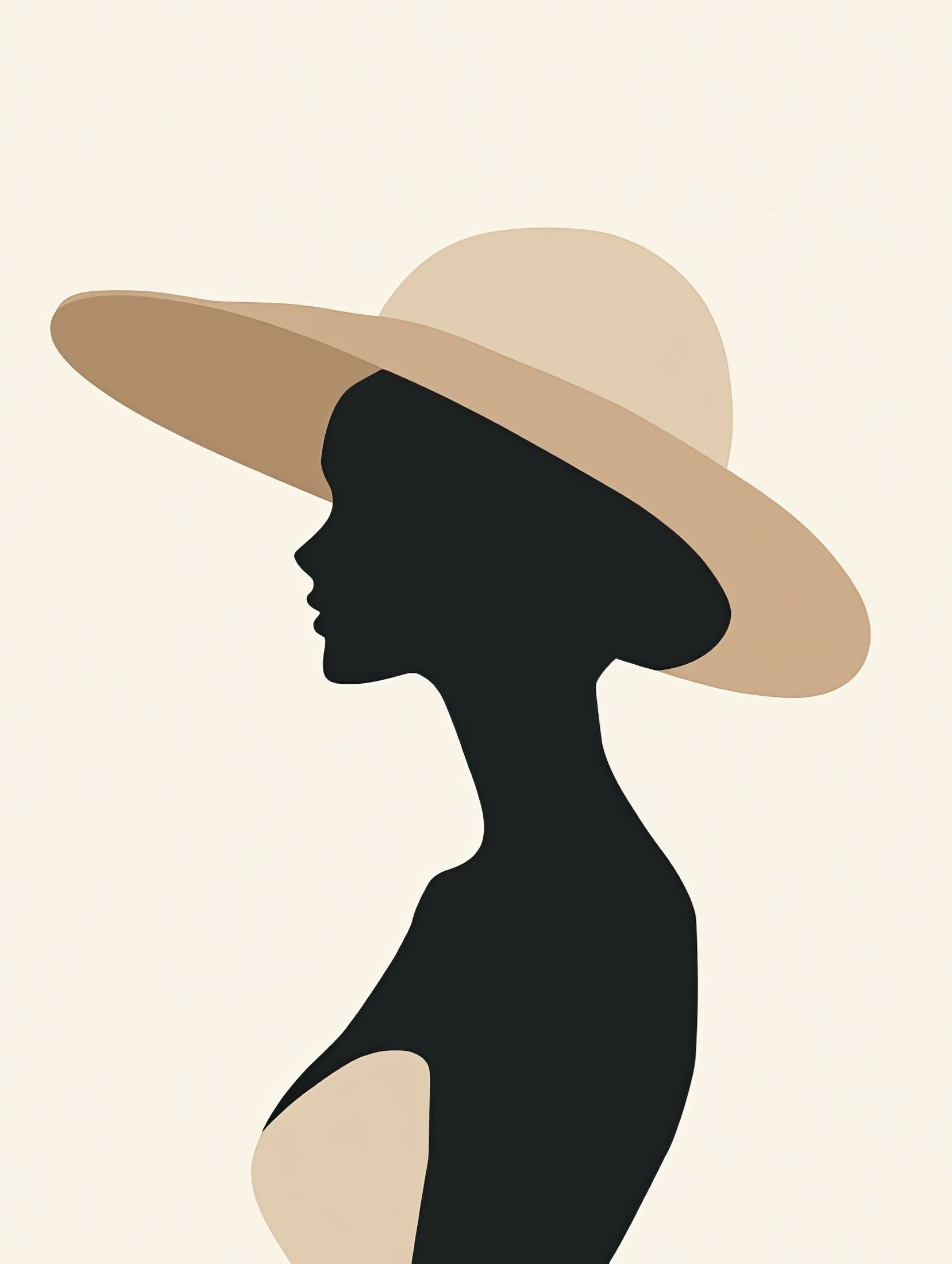 Volledige weergave van Tijdloze Schaduw, minimalistisch silhouetportret van vrouw met hoed in neutrale tinten
