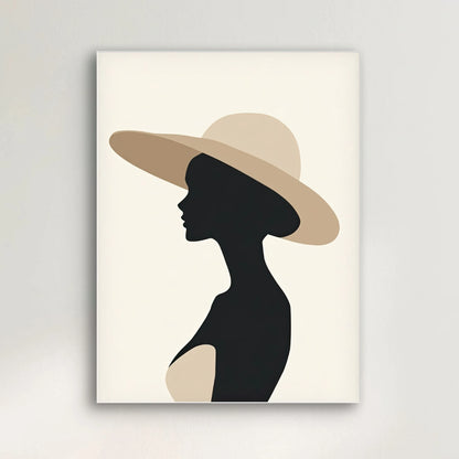 Detail van Tijdloze Schaduw met vrouw in profiel, grote hoed en gestileerde vormen in beige en zwart
