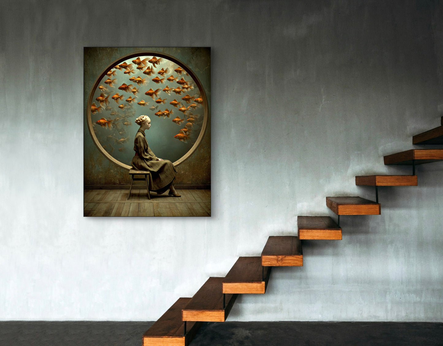 Kunstwerk Tijdrond boven trap in minimalistische ruimte met betonnen wand
