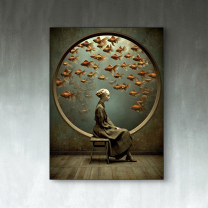 Detail van Tijdrond met vrouw zittend voor rond raam vol oranje vissen
