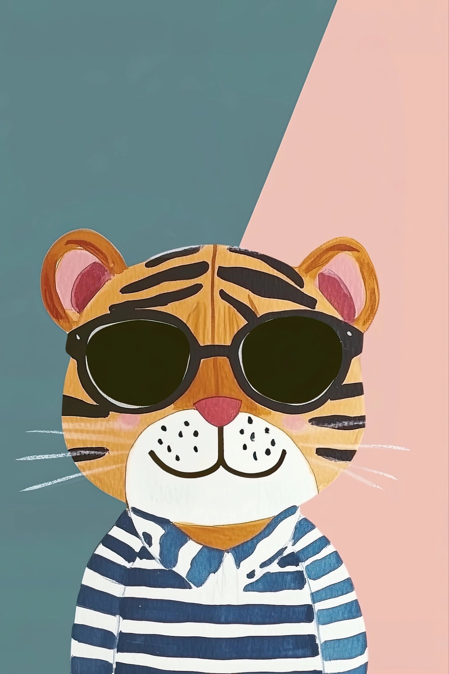 Grafische tekening van een stoere tijger met zonnebril op blauw-roze geometrische achtergrond  

