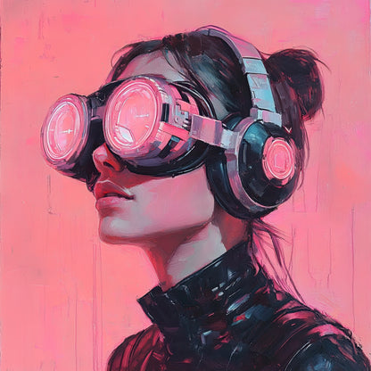 Volledige weergave van Toekomstblik, modern portret met tech-invloeden, roze tonen en krachtige uitstraling
