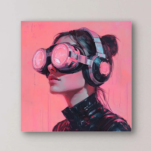 Detail van Toekomstblik met vrouw in profiel, futuristische VR-bril en roze achtergrond in expressieve schilderstijl
