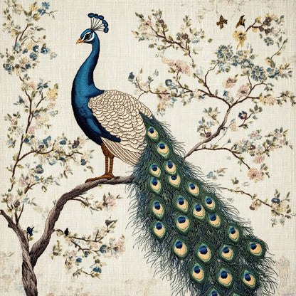 Kunstwerk van pauw zittend op tak met gedetailleerde veren en bloeiende boomtakken
