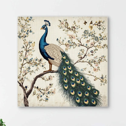 Detail van pauw met lange staartveren en bloesemtakken in zachte kleuren
