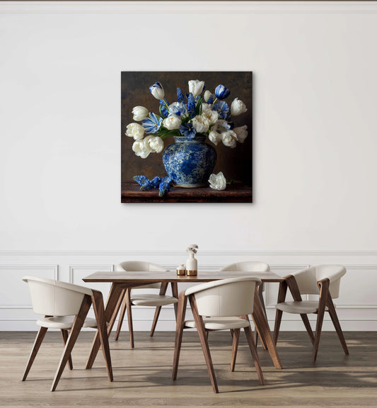 Mock-up van Tulpenpracht, een kunstwerk met witte en blauwe tulpen in een klassieke vaas aan de muur.
