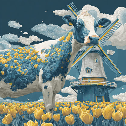 Tulpenweide, poëtisch kunstwerk van koe, tulpen en windmolen in Hollandse sfeer  

