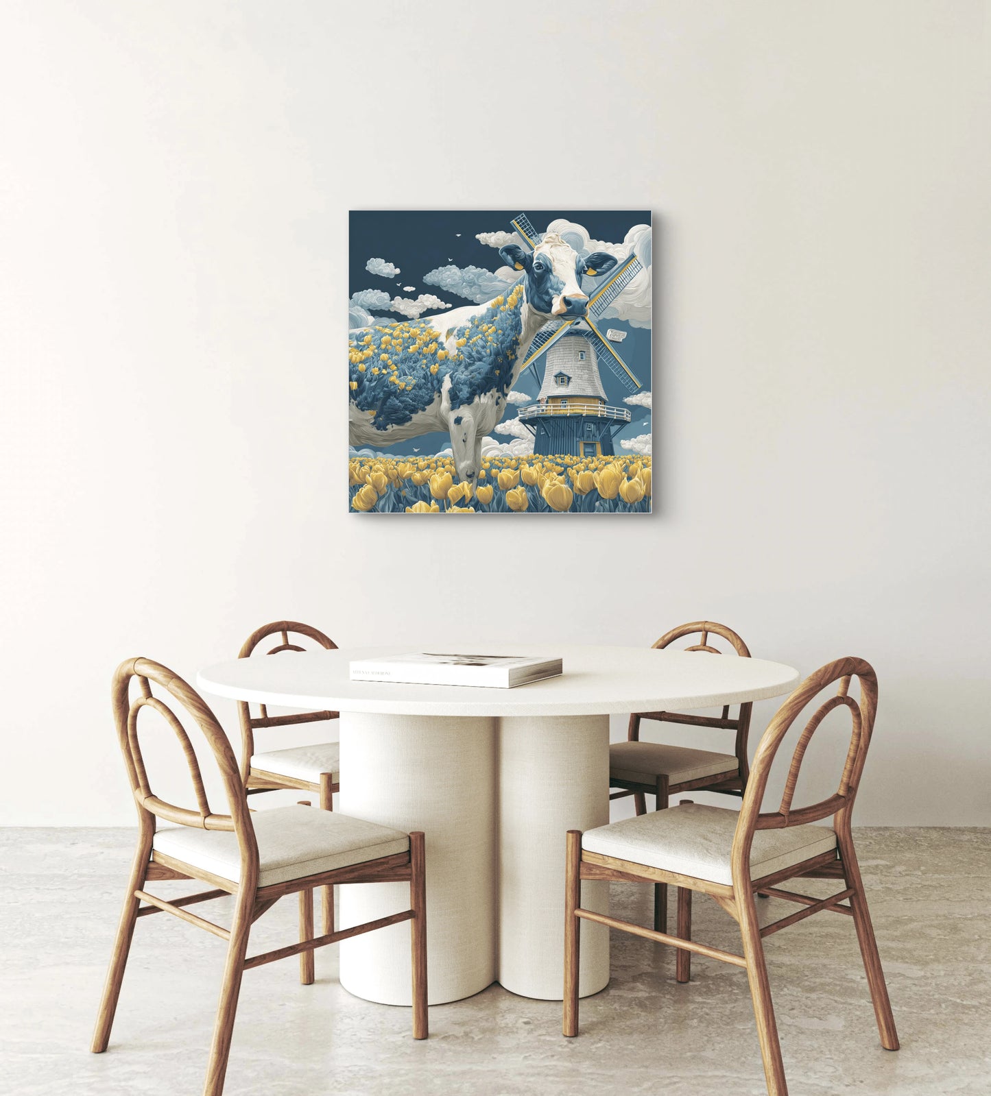 
Tulpenweide kunstwerk boven ronde eettafel met houten stoelen  
