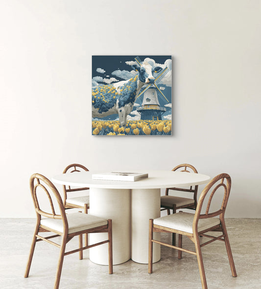 
Tulpenweide kunstwerk boven ronde eettafel met houten stoelen  
