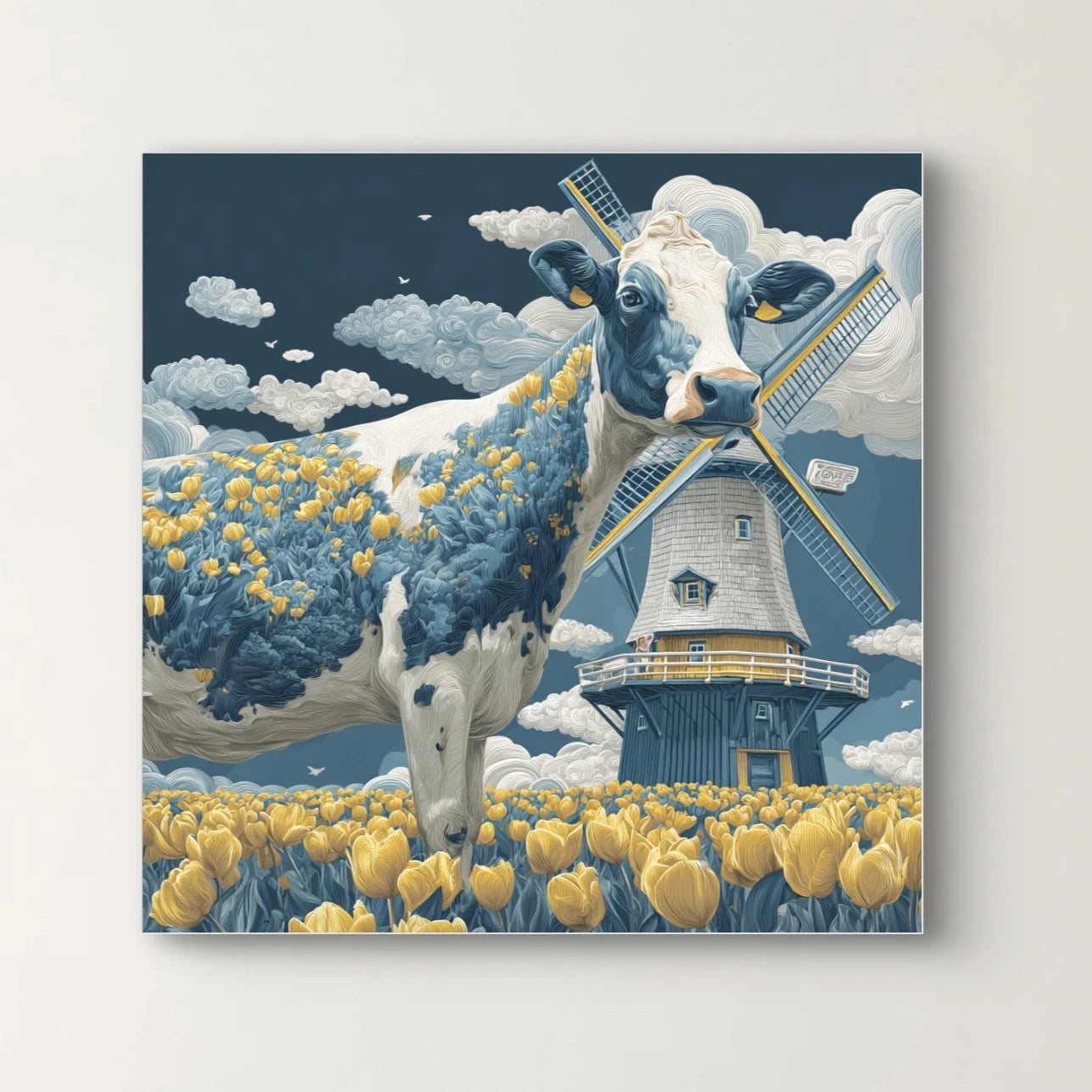 Detail van Tulpenweide met koe, windmolen en tulpenveld  
