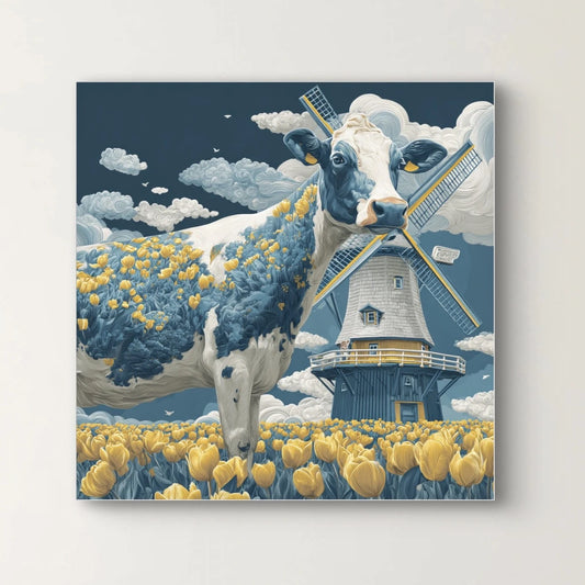 Detail van Tulpenweide met koe, windmolen en tulpenveld  
