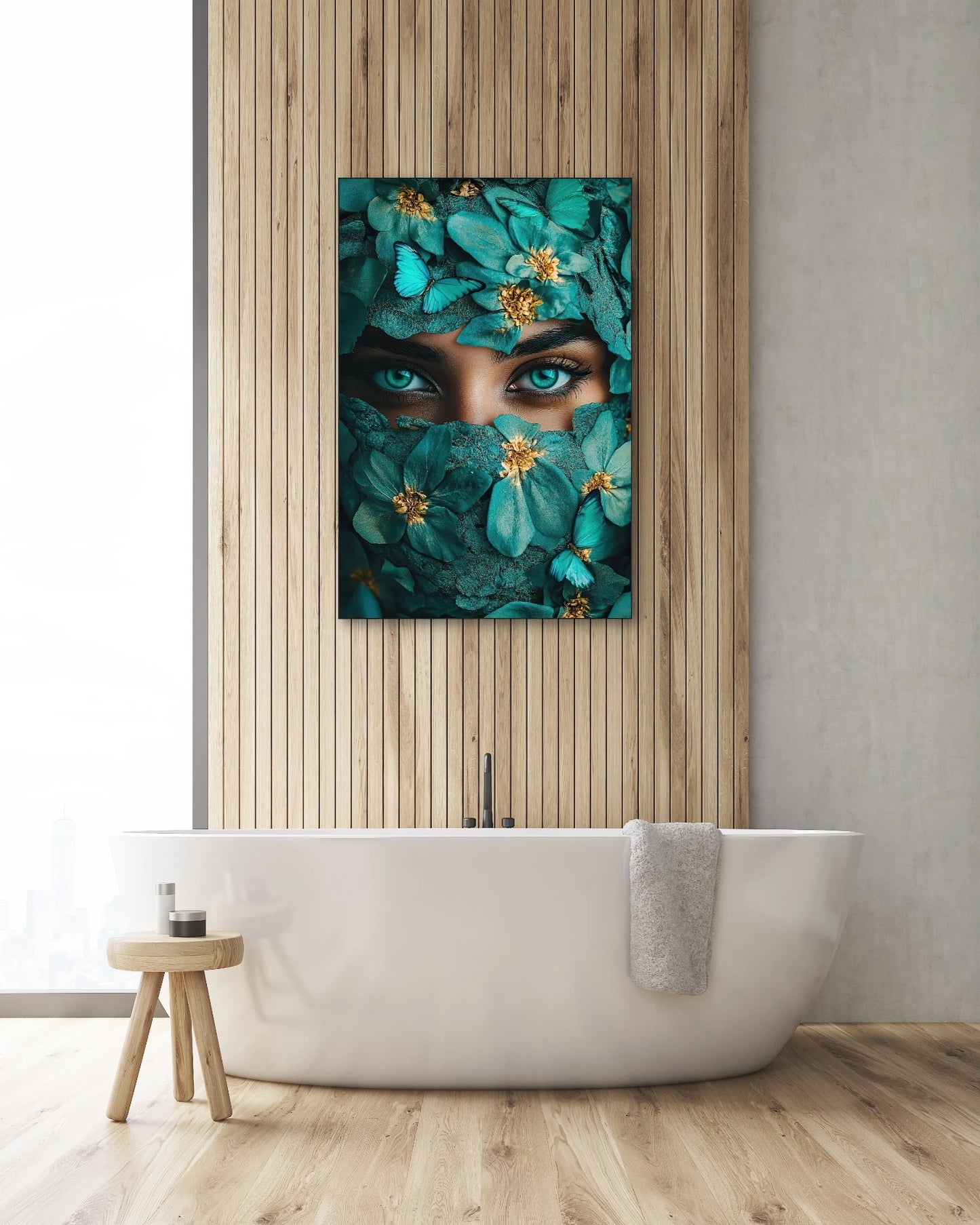 Textielkunstwerk Turquoise Geheim boven een vrijstaand bad tegen een houten wand in een moderne badkamer
