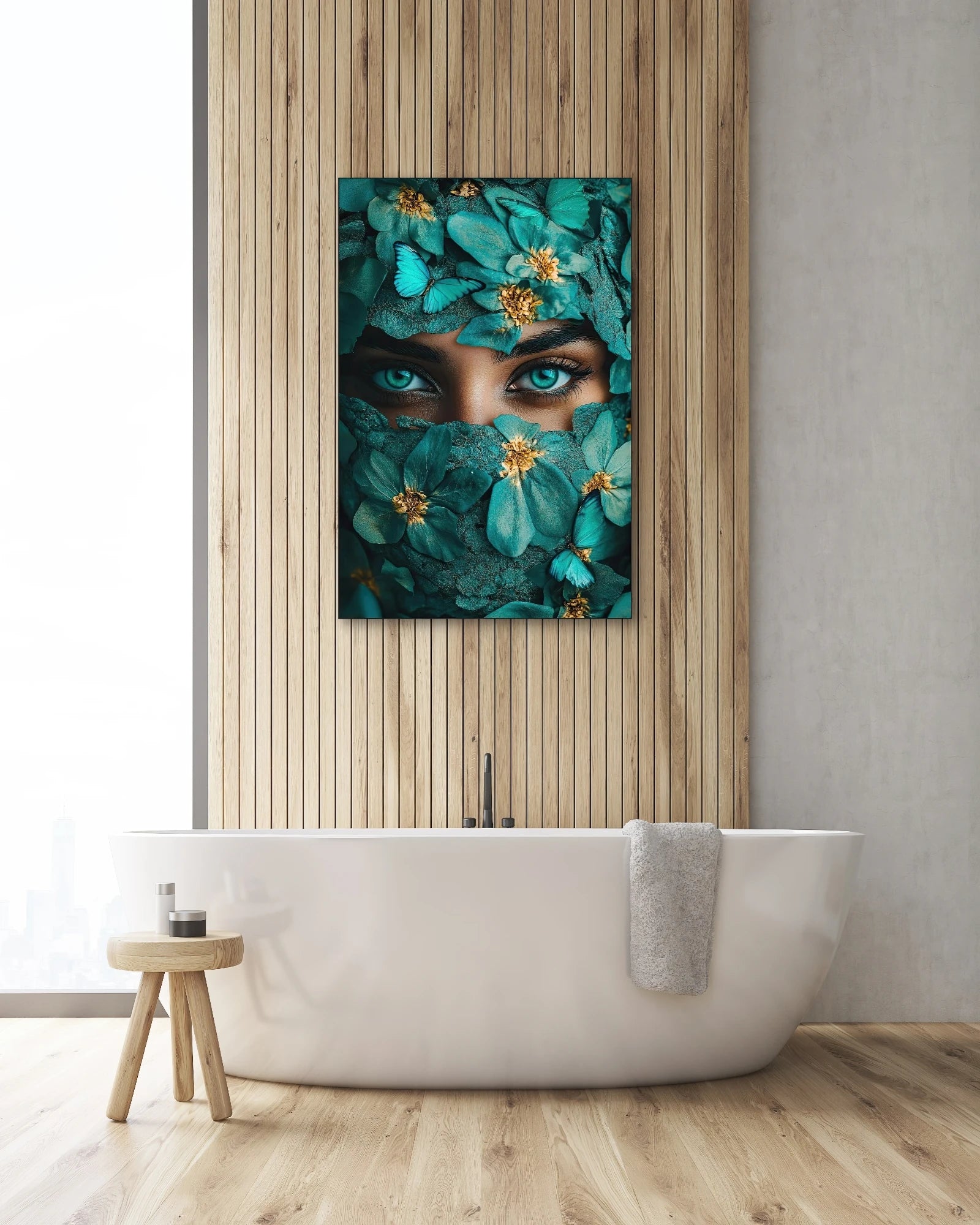 Textielkunstwerk Turquoise Geheim boven een vrijstaand bad tegen een houten wand in een moderne badkamer
