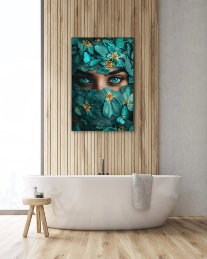 Textielkunstwerk Turquoise Geheim boven een vrijstaand bad tegen een houten wand in een moderne badkamer
