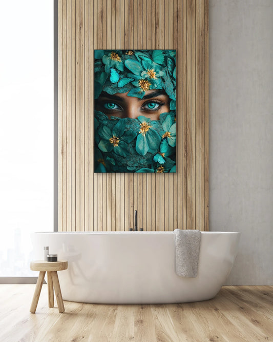 Textielkunstwerk Turquoise Geheim boven een vrijstaand bad tegen een houten wand in een moderne badkamer

