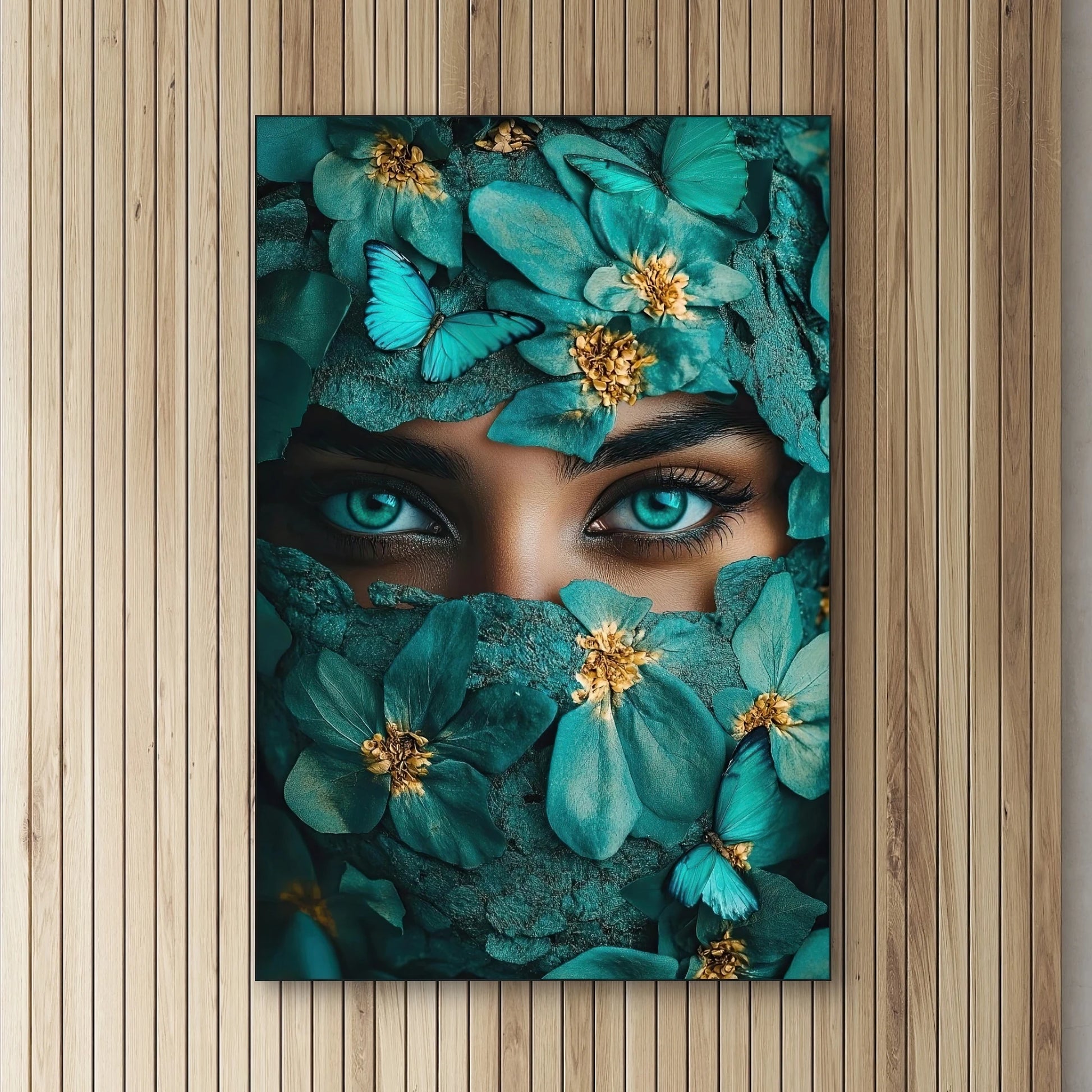 Detail van Turquoise Geheim met intense blauwe ogen tussen turquoise bloemen en vlinders met gouden accenten
