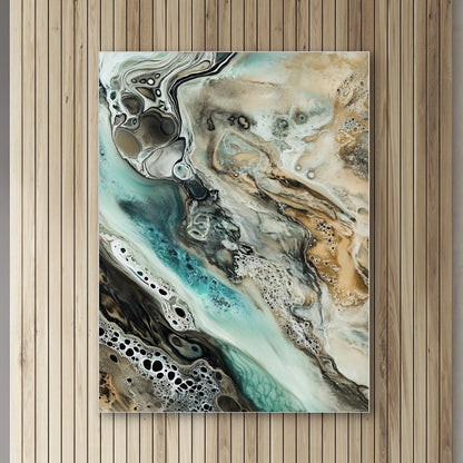 Detail van vloeiende turquoise en beige kleurbanen met organische patronen
