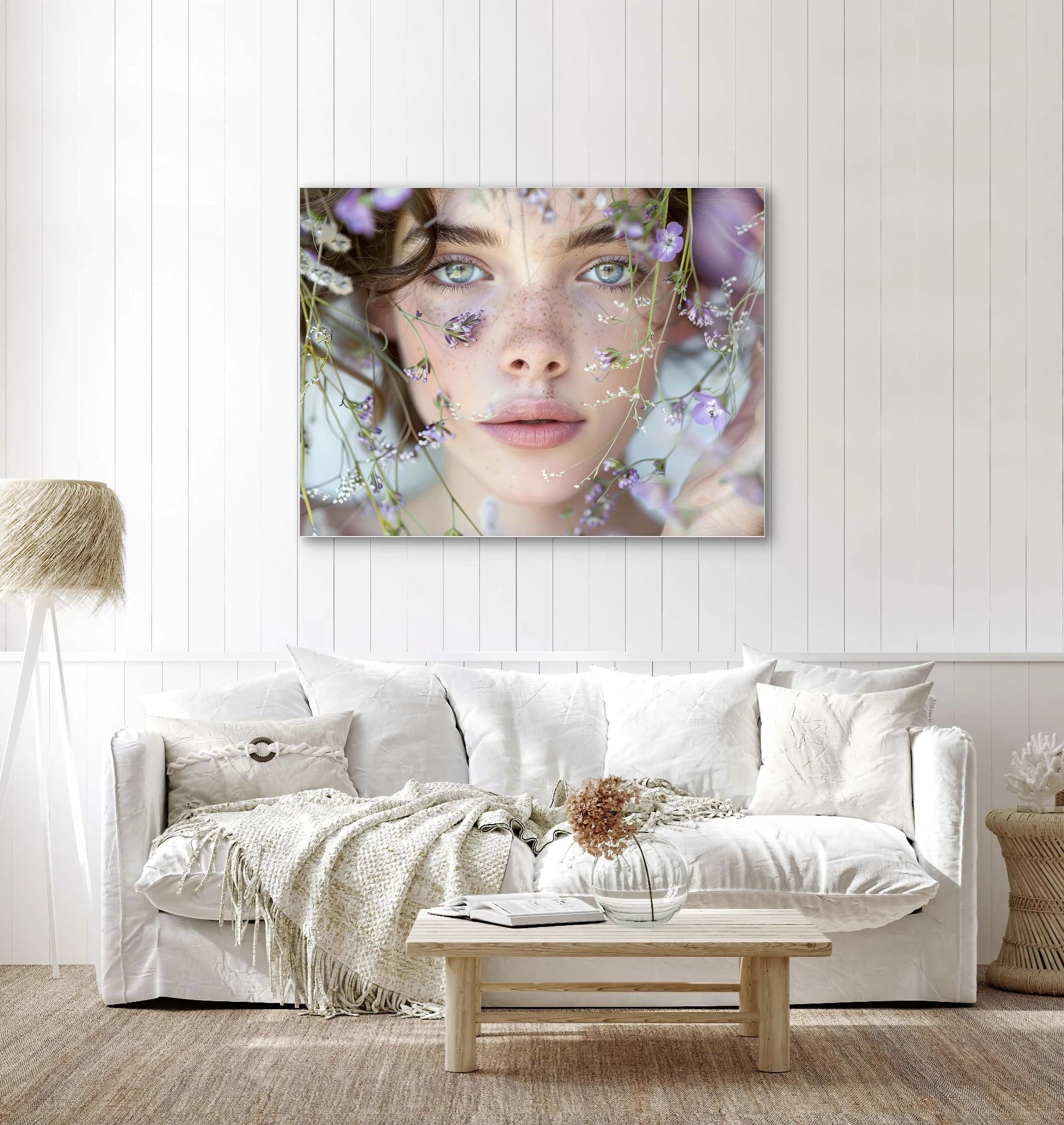 Textielkunstwerk Tussen Bloesems en Blik boven een witte bank met naturel accenten in een licht interieur
