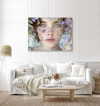 Textielkunstwerk Tussen Bloesems en Blik boven een witte bank met naturel accenten in een licht interieur
