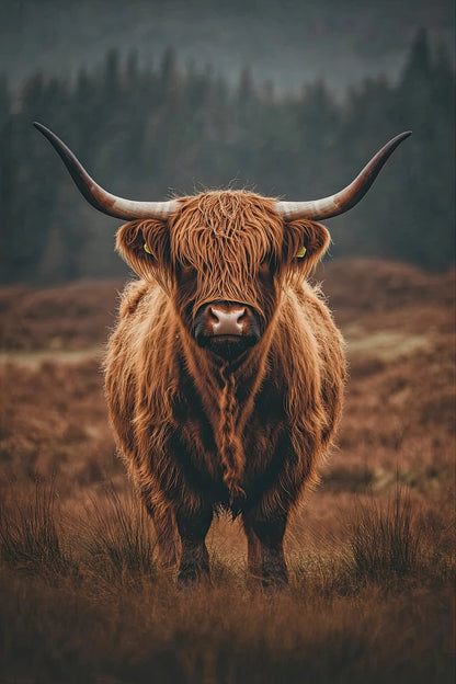 Kunstwerk van Schotse hooglander in open veld met donkere bomen en aardetinten
