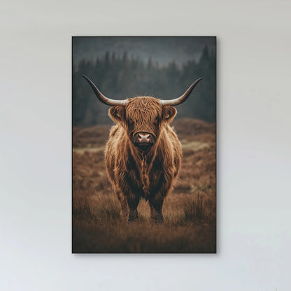 Detail van langharige hooglander met grote hoorns in bruin landschap met mistige achtergrond
