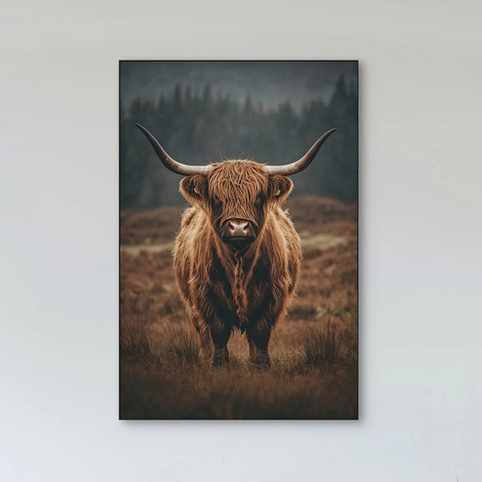 Detail van langharige hooglander met grote hoorns in bruin landschap met mistige achtergrond
