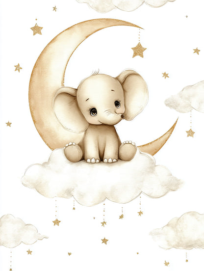 Dromerig kunstwerk van een olifant zittend op een wolk met gouden maan en hangende sterren  
