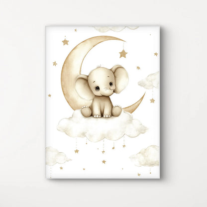Lieve illustratie van een baby olifant op een wolk met sterren en maan op witte achtergrond  
