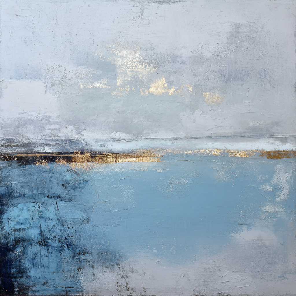 Abstracte compositie in blauw, wit en goud met serene horizon en reflectie
