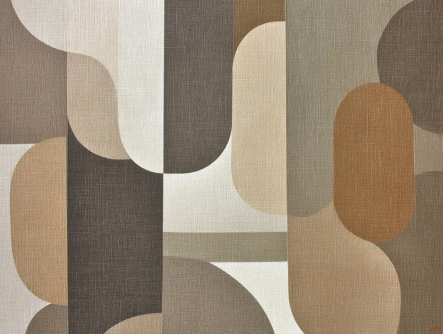 Volledige weergave van kunstwerk “Tussen Tinten” met geometrische vormen en linnenachtige textuur in warme, natuurlijke kleuren
