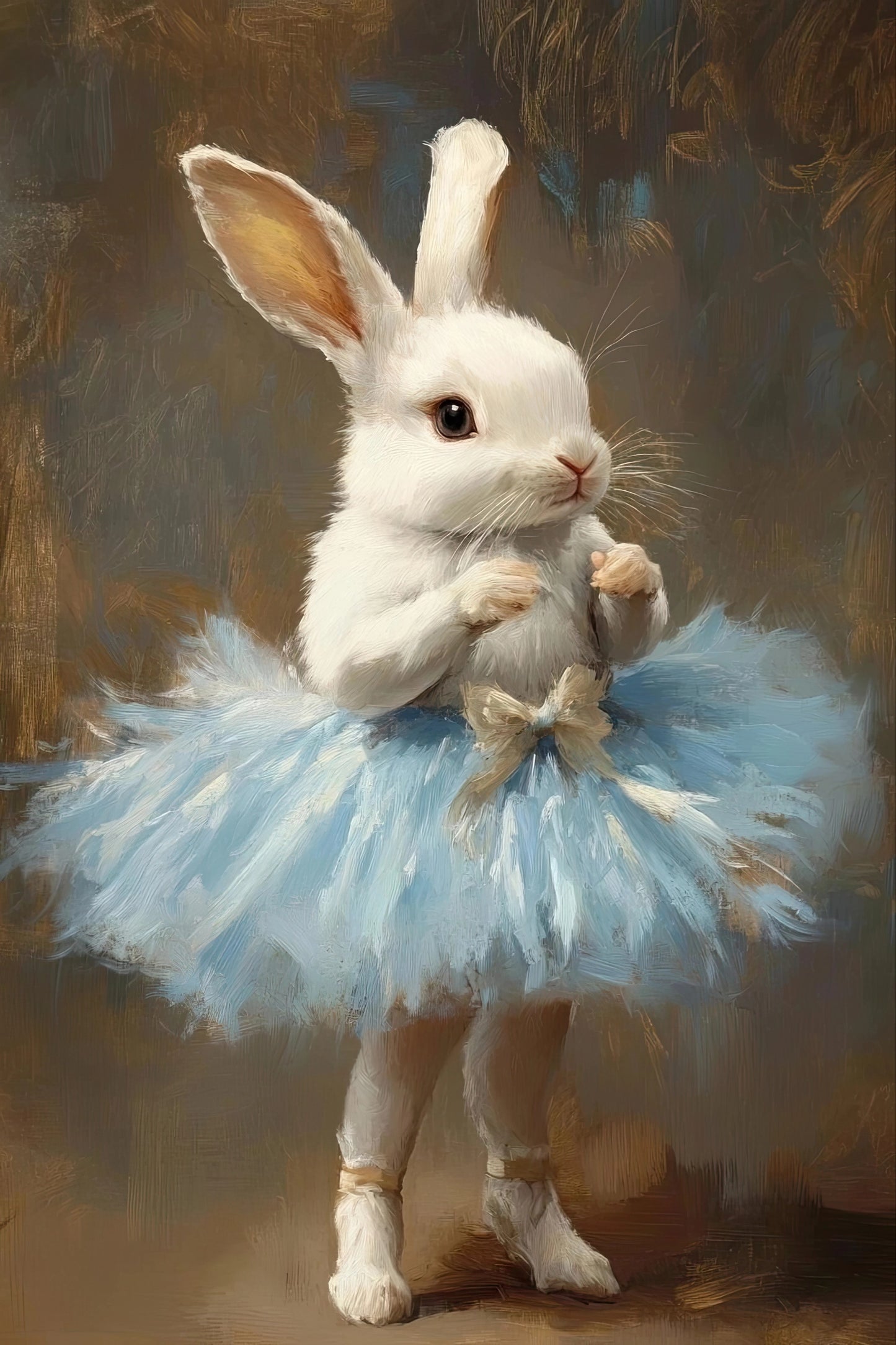 Kunstwerk van wit konijn in balletpose met blauwe tutu en warme, schilderachtige achtergrond
