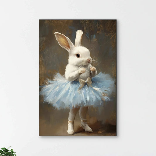 Detail van konijntje in balletkostuum met zachte vacht en lichtblauwe tule
