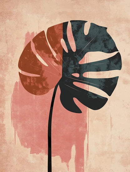 Abstract kunstwerk met zwart monstera blad op verweerde roze-beige achtergrond in minimalistische stijl
