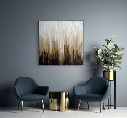 Mock-up van kunstwerk Val van Licht aan de muur in modern interieur met twee stoelen en gouden details 
