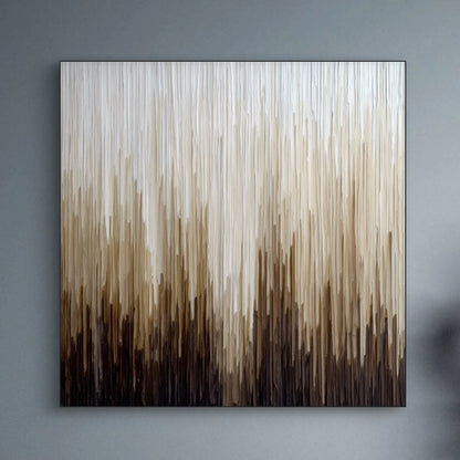 Detailopname van kunstwerk Val van Licht met verticale lijnen in beige, bruin en crème tinten 
