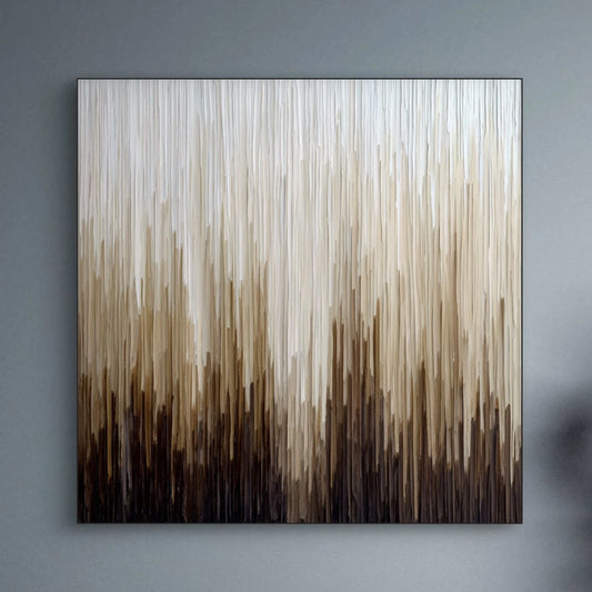 Detailopname van kunstwerk Val van Licht met verticale lijnen in beige, bruin en crème tinten 
