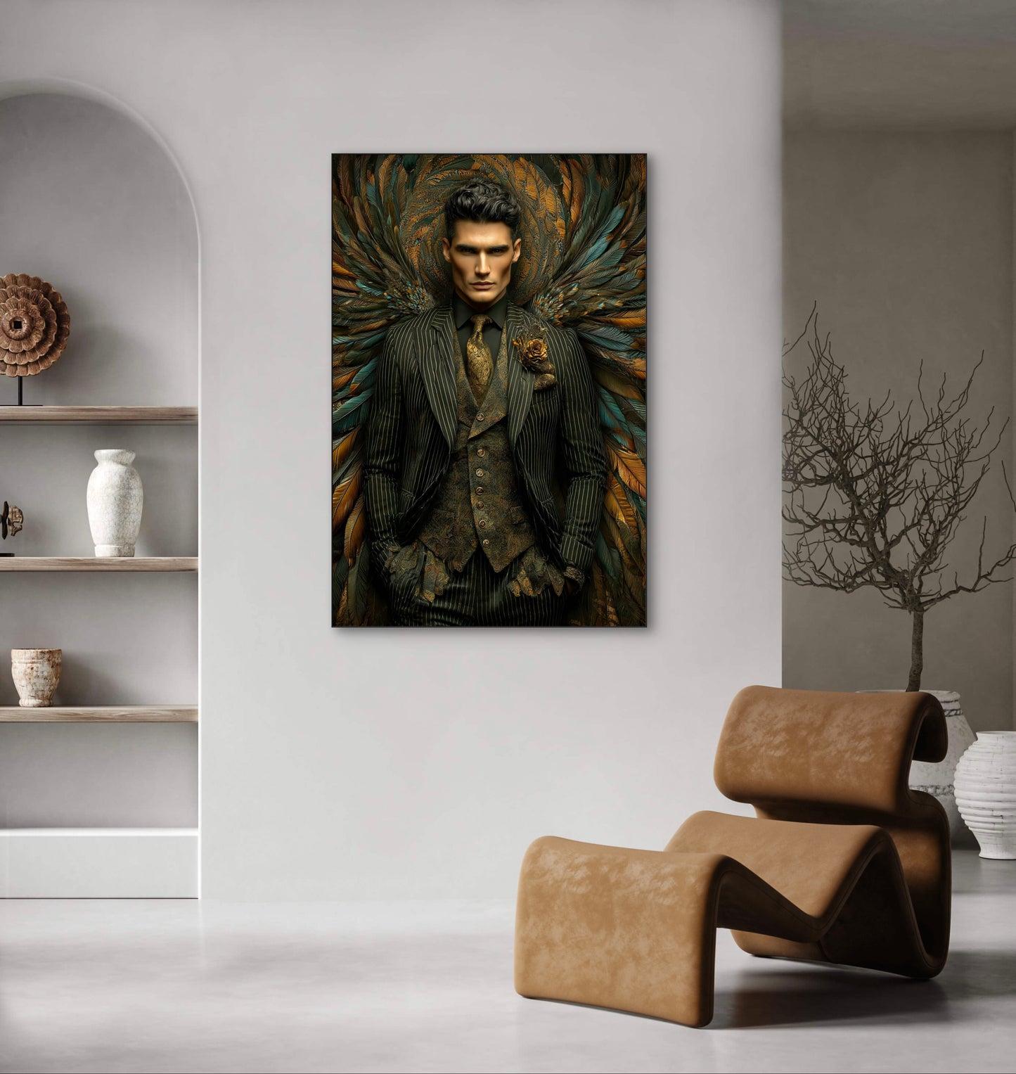 Kunstwerk Valenor in modern interieur met lederen stoel en aardetinten
