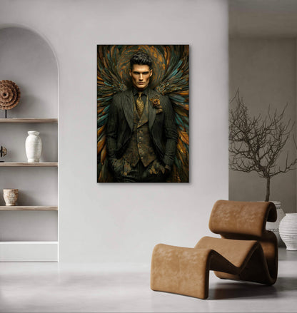 Kunstwerk Valenor in modern interieur met lederen stoel en aardetinten
